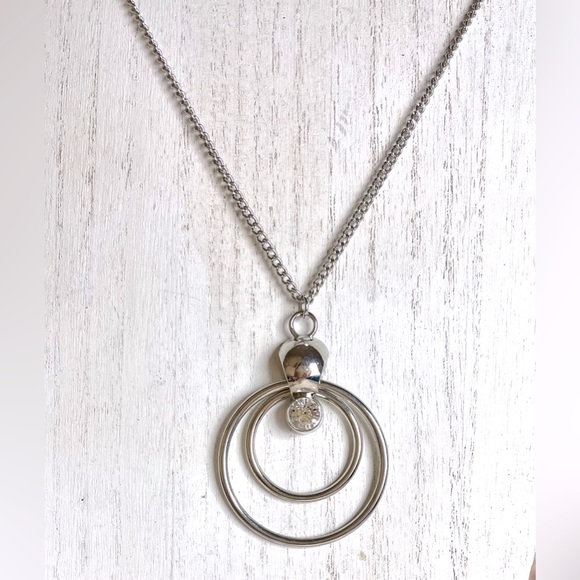 Double Circle Silver Tone Necklace Clear Rhinestone 24" Double Lobster Clasp. - Picture 1 of 3